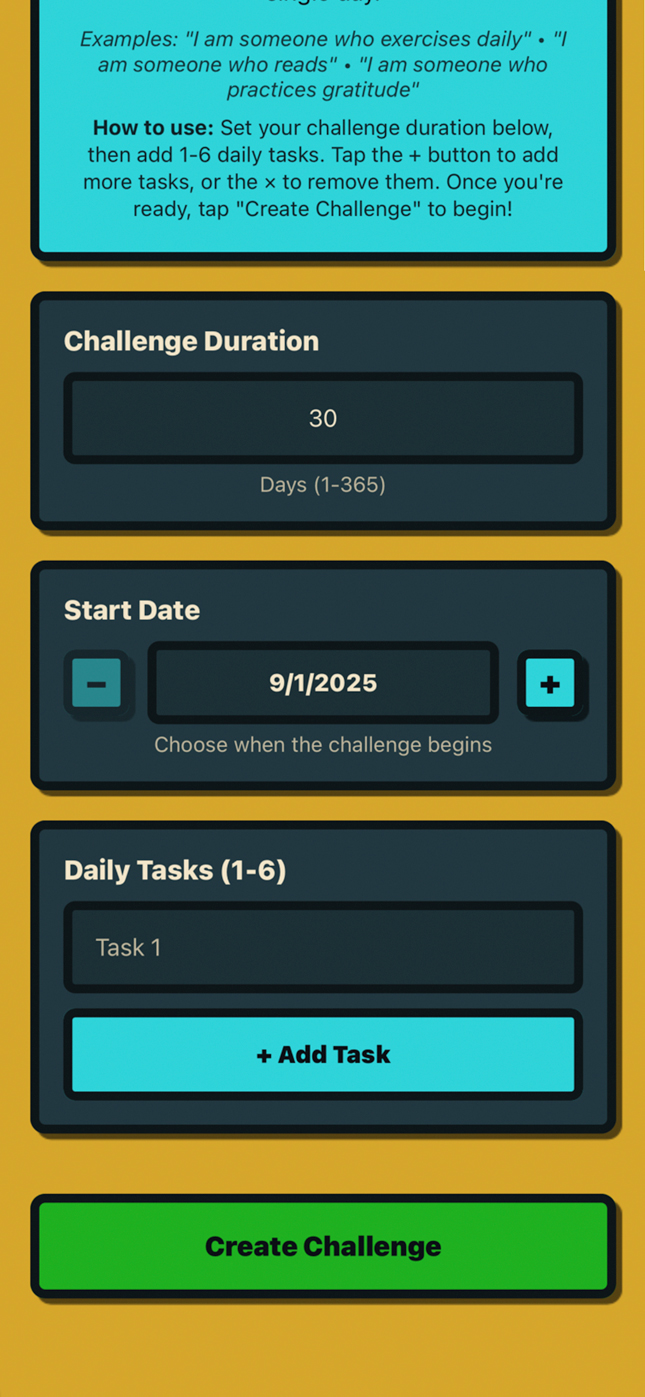 Setup screen to create a challenge and tenets